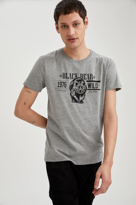 defacto Printed, Typography Men Round Neck Grey T-Shirt