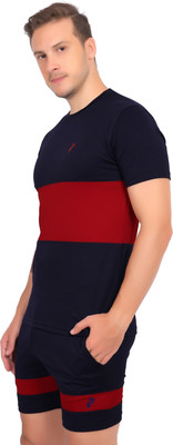 Swiss Notch Colorblock Men Round Neck Navy Blue T-Shirt