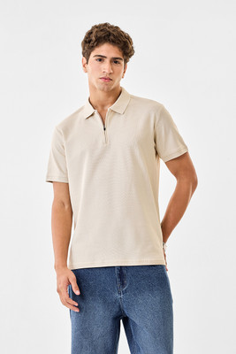 Snitch Solid Men Polo Neck Beige T-Shirt