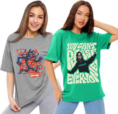 Leotude Printed, Typography Women Round Neck Multicolor T-Shirt