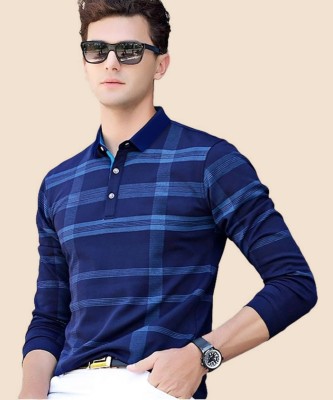 Try This Printed Men Polo Neck Blue T-Shirt