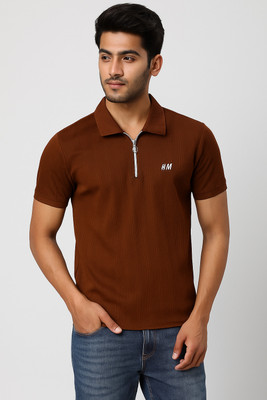 Ajmir Style Hub Self Design Men Polo Neck Brown T-Shirt