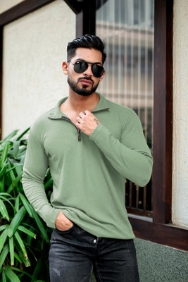 INDICLUB Solid Men Zip Neck Light Green T-Shirt