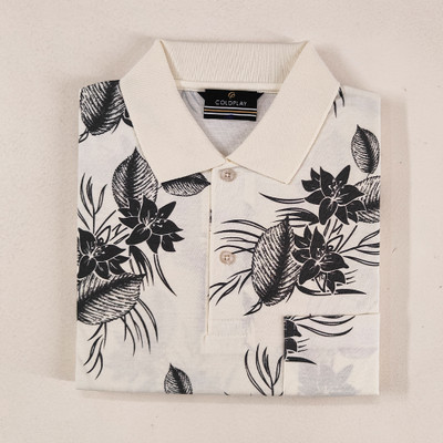 COLORTRAIT Printed Men Polo Neck White T-Shirt