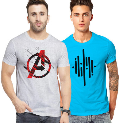 FADMARK Printed Men Round Neck Grey, Blue T-Shirt