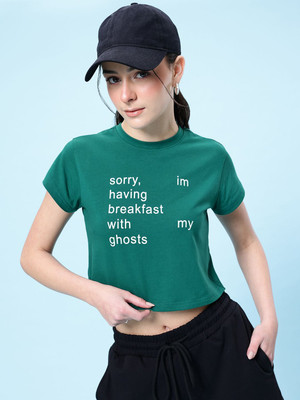Glitchez Printed Women Round Neck Green T-Shirt