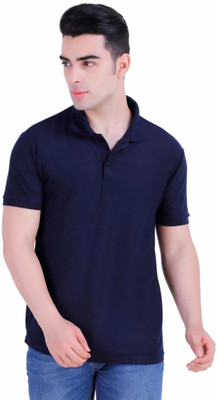 Silver Swan Solid Men Polo Neck Dark Blue T-Shirt