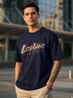 JUST ROAR Printed Men Round Neck Navy Blue T-Shirt