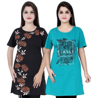 PK Fashion Printed Women Round Neck Black, Blue T-Shirt