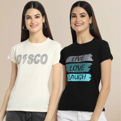 METRONAUT Printed Women Round Neck Beige, Black T-Shirt