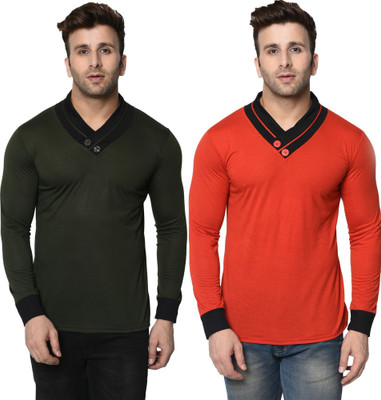 Adorbs Trend Colorblock Men Shawl Neck Dark Green, Red T-Shirt
