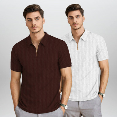 BROWEARS Self Design Men Zip Neck Brown, White T-Shirt