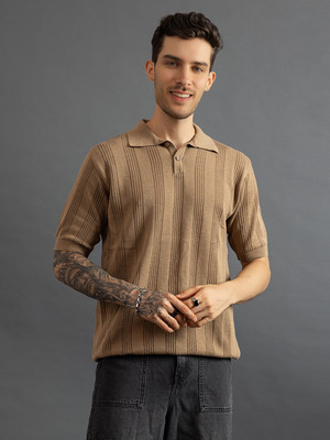 CHKOKKO Self Design Men Polo Neck Brown T-Shirt