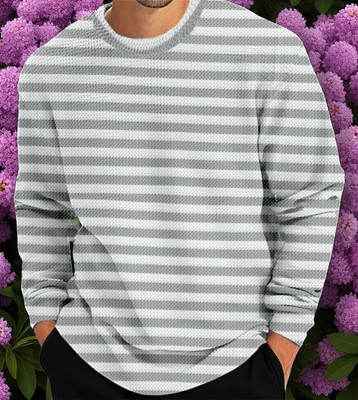 DADAIMPEX Striped, Self Design Men Round Neck Grey T-Shirt
