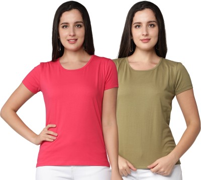 Club A9 Solid Women Round Neck Green, Pink T-Shirt