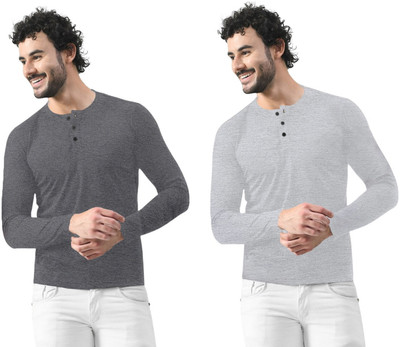 GEUM Solid Men Henley Neck Grey, Silver T-Shirt