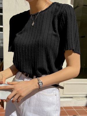 TEES HUB Casual Self Design Women Black Top