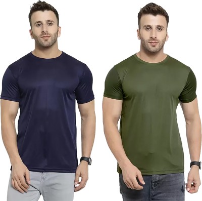 Think Tech Solid Men Round Neck Dark Blue, Dark Green T-Shirt