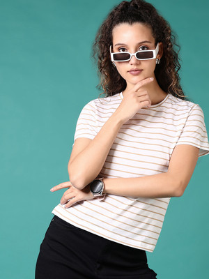 V-MART Striped Women Round Neck White T-Shirt