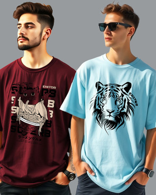 AUSK Graphic Print Men Round Neck Light Blue, Maroon T-Shirt