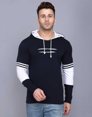 Preeo Self Design Men Hooded Neck Navy Blue T-Shirt