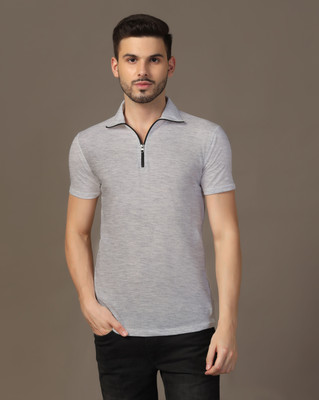 Blisstone Solid Men Polo Neck Silver T-Shirt