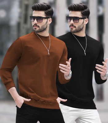 BLIVE Solid Men Round Neck Brown, Black T-Shirt