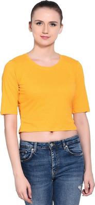 GEUM Solid Women Round Neck Yellow T-Shirt