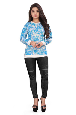 ANFAFAB Printed Women Round Neck Blue T-Shirt
