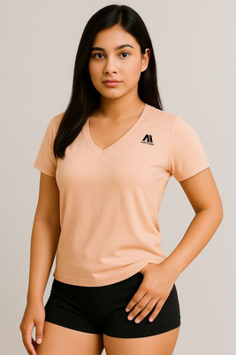 ANTUM Solid Women V Neck Pink T-Shirt