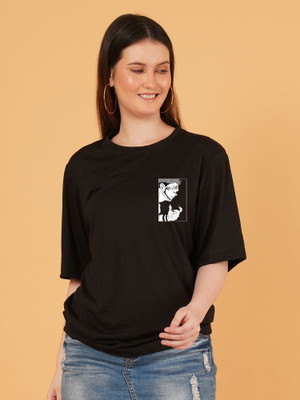 Moda Rapido Printed Women Round Neck Black T-Shirt