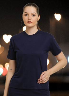 CANIDAE Solid Women Round Neck Dark Blue T-Shirt