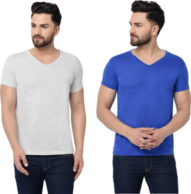 Adorbs Trend Solid Men V Neck Dark Blue, Grey T-Shirt
