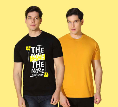 WOOSTRO Printed, Solid Men Round Neck Black, Yellow T-Shirt