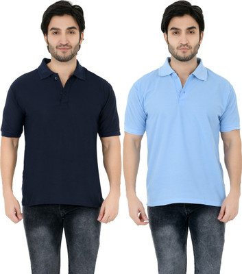YUALIN CREATION Solid Men Polo Neck Light Blue T-Shirt