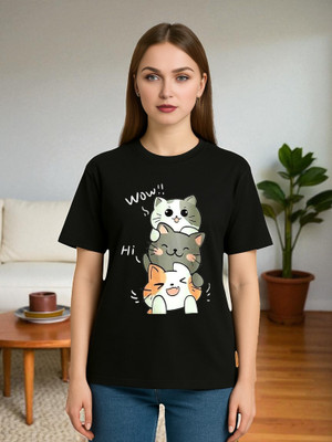 Elvia Graphic Print Women Round Neck Black T-Shirt