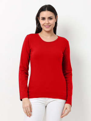 Wafaa Solid Women Round Neck Red T-Shirt