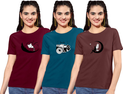 ZentWorld Printed Women Round Neck Maroon, Dark Blue, Brown T-Shirt