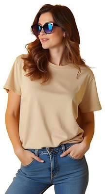 Js Unique Solid Women Round Neck Beige T-Shirt