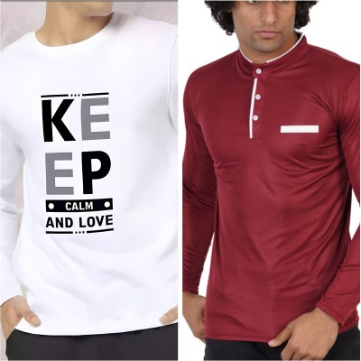 Meetri Solid Men Henley Neck White, Maroon T-Shirt