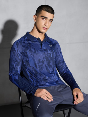 TECHNOSPORT Printed Men Polo Neck Blue T-Shirt