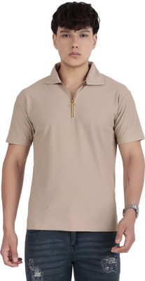 Kibitzer Solid Men Zip Neck Beige T-Shirt