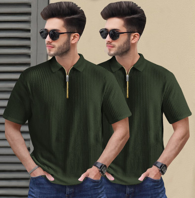 TRIPR Self Design Men Zip Neck Dark Green T-Shirt