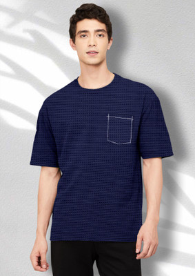 FTX Self Design Men Round Neck Navy Blue T-Shirt