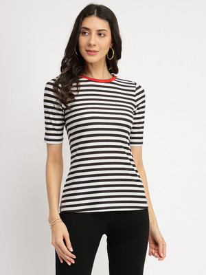 Fable Street Striped Women Round Neck Black T-Shirt