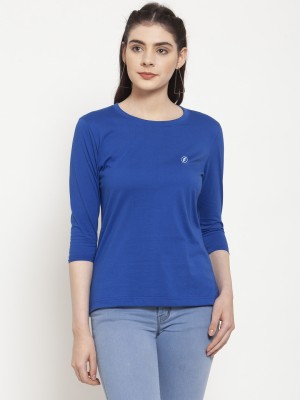 FRISKERS Solid Women Round Neck Blue T-Shirt