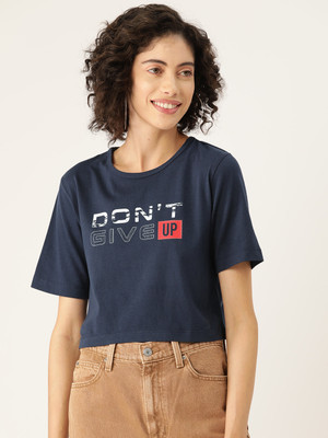 SLENOR Printed Women Round Neck Navy Blue T-Shirt