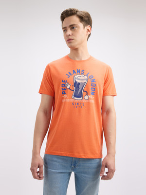 Pepe Jeans Graphic Print Men Crew Neck Orange T-Shirt