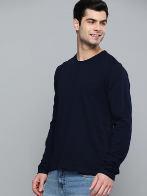 London Crew Solid Men Round Neck Navy Blue T-Shirt