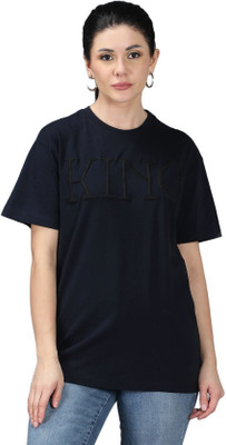 NUEVOSDAMAS Graphic Print Women Round Neck Dark Blue T-Shirt